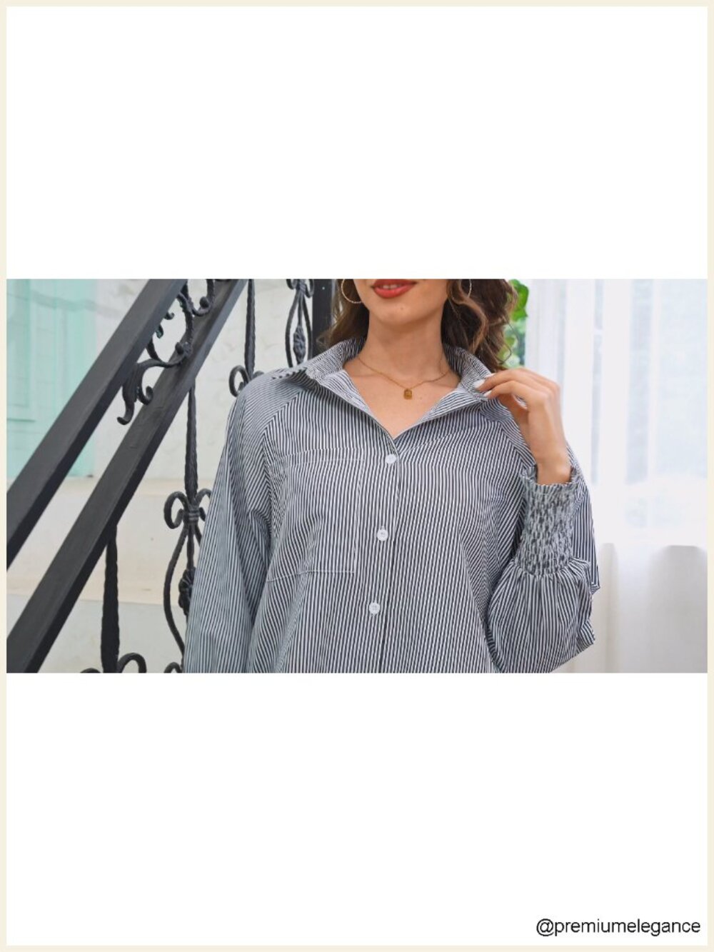 Wrinkle-Resistant Striped Oversized Button Down Blouse - Picture 6 of 6